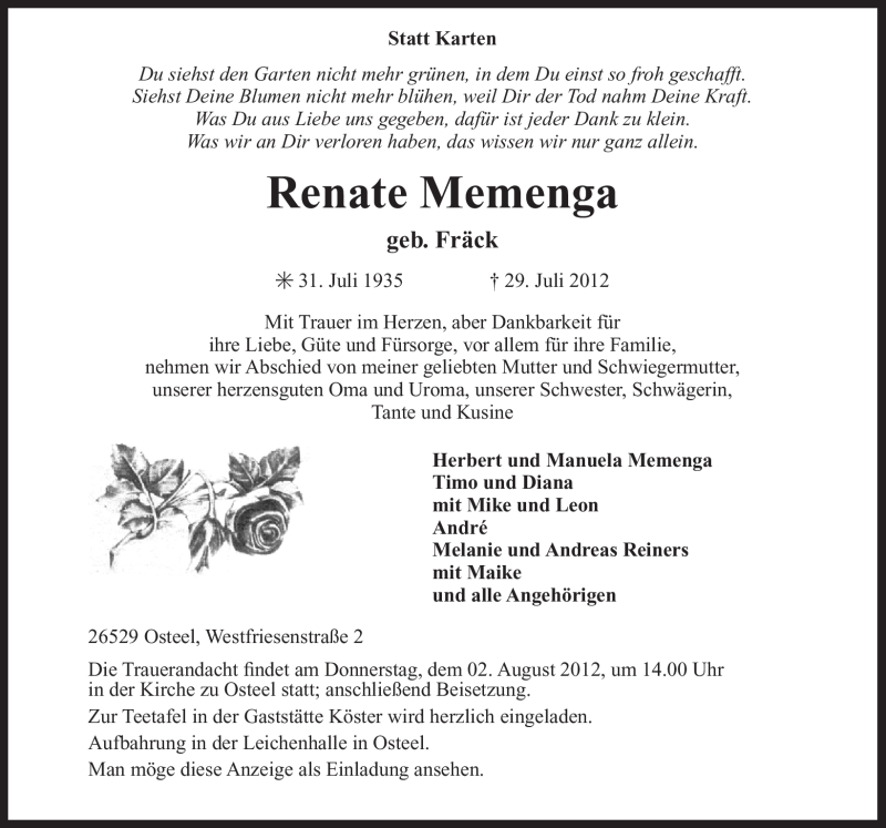  Traueranzeige für Renate Memenga vom 30.07.2012 aus Ostfriesischer Kurier
