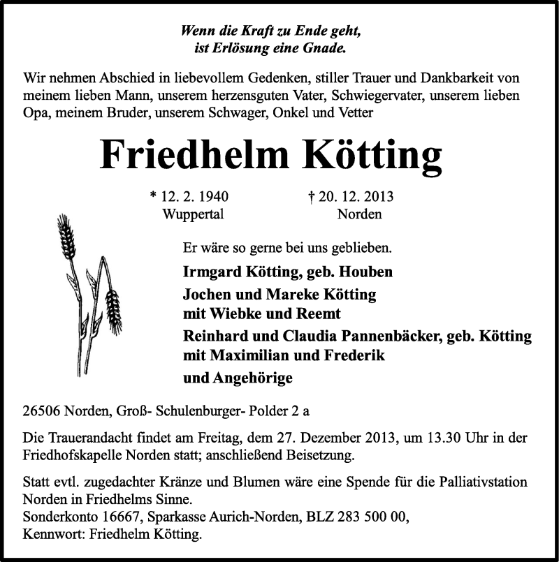  Traueranzeige für Friedhelm Kötting vom 23.12.2013 aus Ostfriesischer Kurier