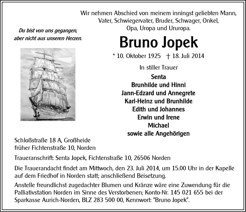  Traueranzeige für Bruno Jopek vom 21.07.2014 aus Ostfriesischer Kurier