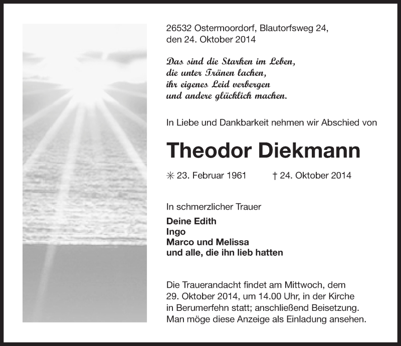 Traueranzeige für Theodor Diekmann vom 27.10.2014 aus Ostfriesischer Kurier