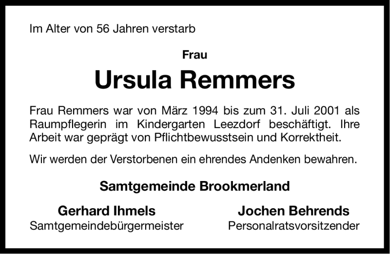  Traueranzeige für Ursula Remmers vom 28.04.2012 aus Ostfriesischer Kurier