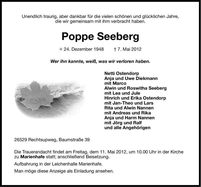  Traueranzeige für Poppe Seeberg vom 09.05.2012 aus Ostfriesischer Kurier