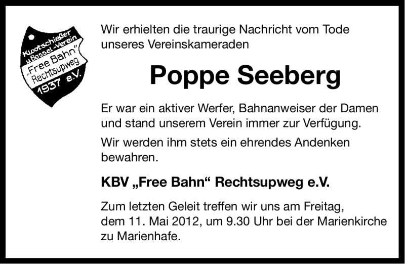  Traueranzeige für Poppe Seeberg vom 10.05.2012 aus Ostfriesischer Kurier