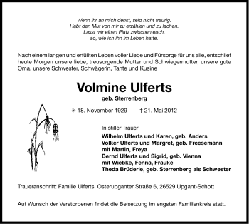 Traueranzeige von Volmine Ulferts von Ostfriesischer Kurier