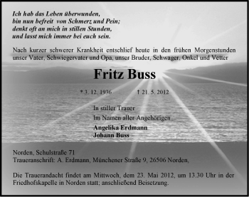 Traueranzeige von Fritz Buss von Ostfriesischer Kurier