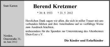 Traueranzeige von Berend Kretzmer von Ostfriesischer Kurier