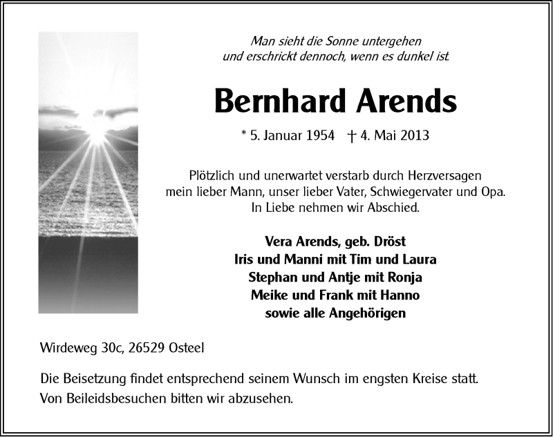  Traueranzeige für Bernhard Arends vom 07.05.2013 aus Ostfriesischer Kurier