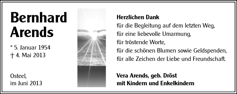  Traueranzeige für Bernhard Arends vom 08.06.2013 aus Ostfriesischer Kurier
