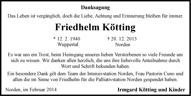  Traueranzeige für Friedhelm Kötting vom 08.02.2014 aus Ostfriesischer Kurier