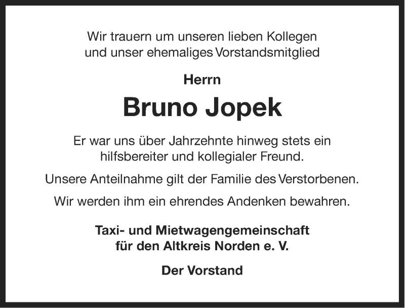  Traueranzeige für Bruno Jopek vom 25.07.2014 aus Ostfriesischer Kurier