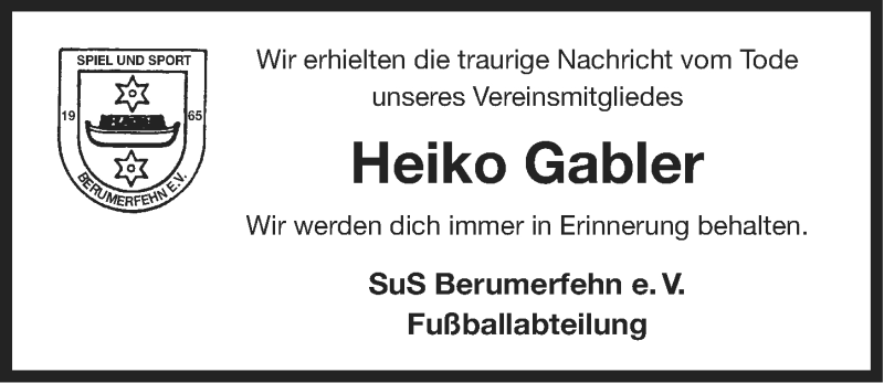  Traueranzeige für Heiko Gabler vom 02.10.2014 aus Ostfriesischer Kurier