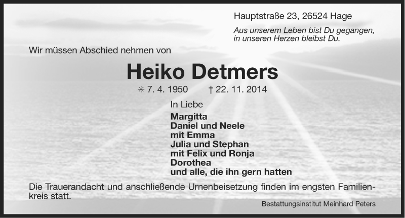  Traueranzeige für Heiko Detmers vom 25.11.2014 aus Ostfriesischer Kurier