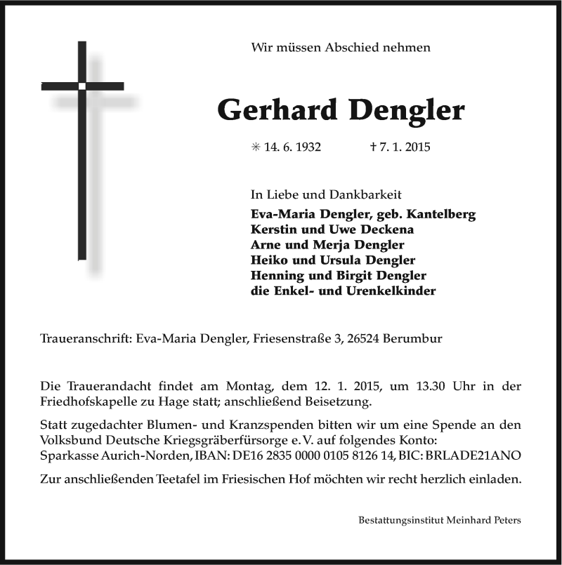  Traueranzeige für Gerhard Dengler vom 08.01.2015 aus Ostfriesischer Kurier