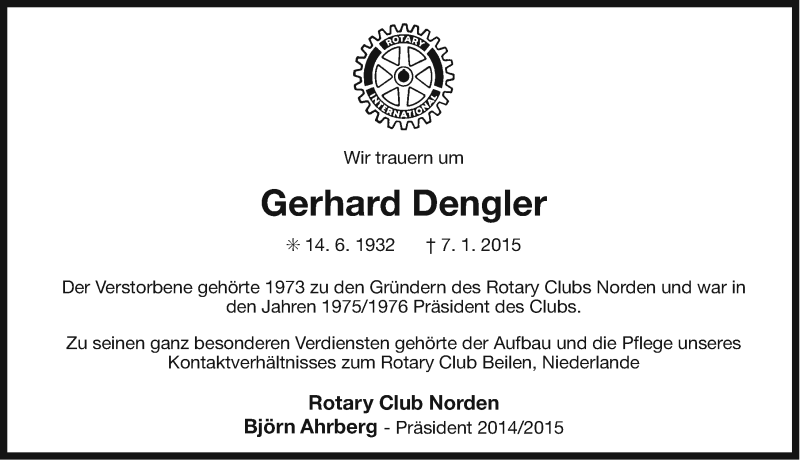  Traueranzeige für Gerhard Dengler vom 09.01.2015 aus Ostfriesischer Kurier