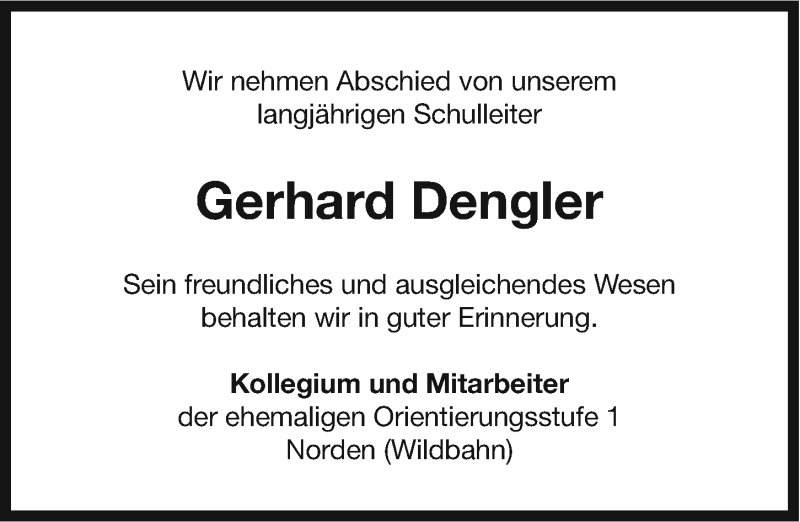  Traueranzeige für Gerhard Dengler vom 10.01.2015 aus Ostfriesischer Kurier