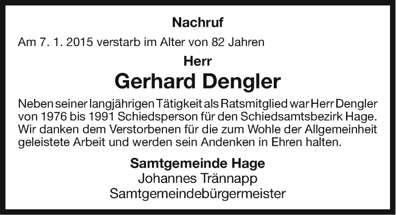  Traueranzeige für Gerhard Dengler vom 10.01.2015 aus Ostfriesischer Kurier
