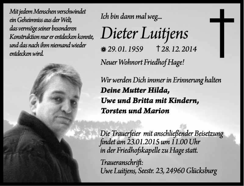  Traueranzeige für Dieter Luitjens vom 20.01.2015 aus Ostfriesischer Kurier