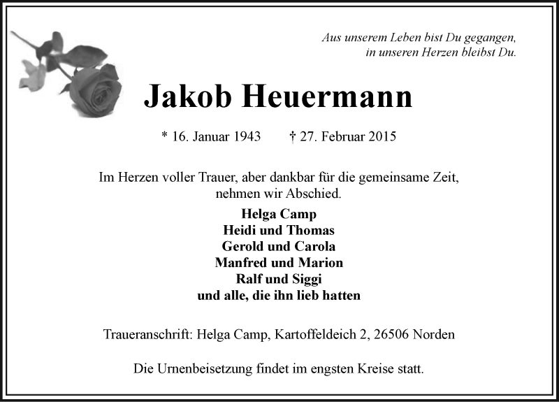 Traueranzeige für Jakob Heuermann vom 07.03.2015 aus Ostfriesischer Kurier