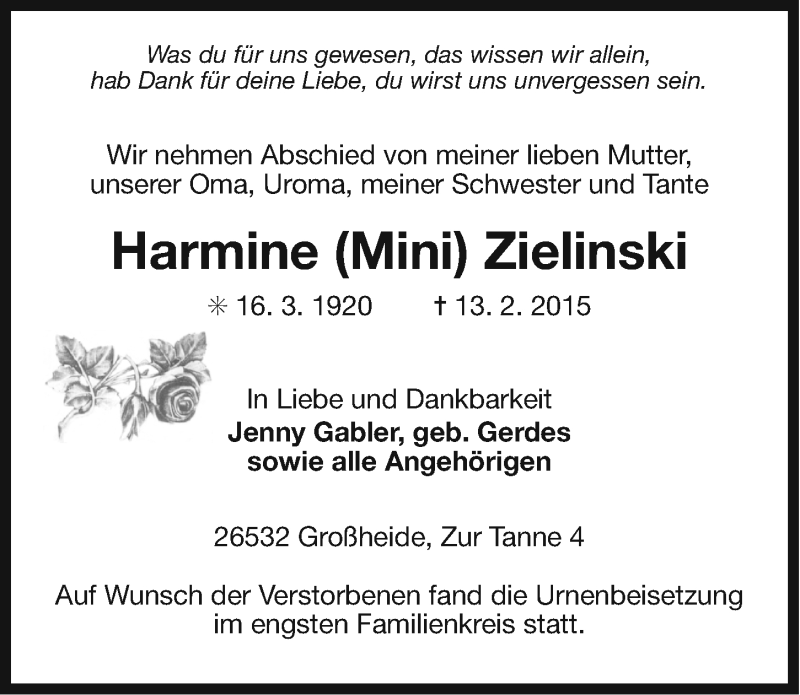  Traueranzeige für Harmine Zielinski vom 07.03.2015 aus Ostfriesischer Kurier