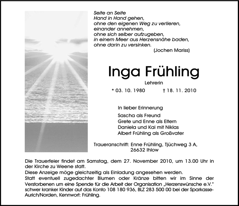  Traueranzeige für Inga Frühling vom 24.11.2010 aus Ostfriesischer Kurier