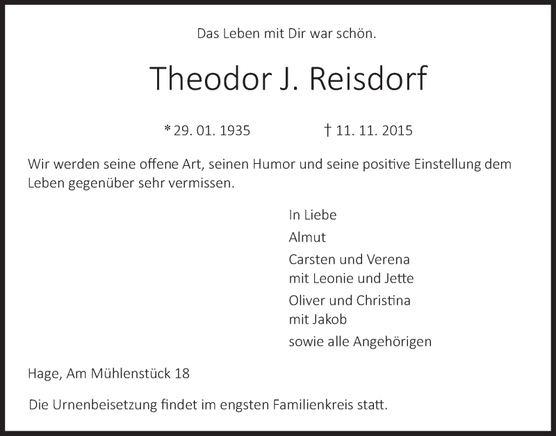  Traueranzeige für Theodor Reisdorf vom 21.11.2015 aus 