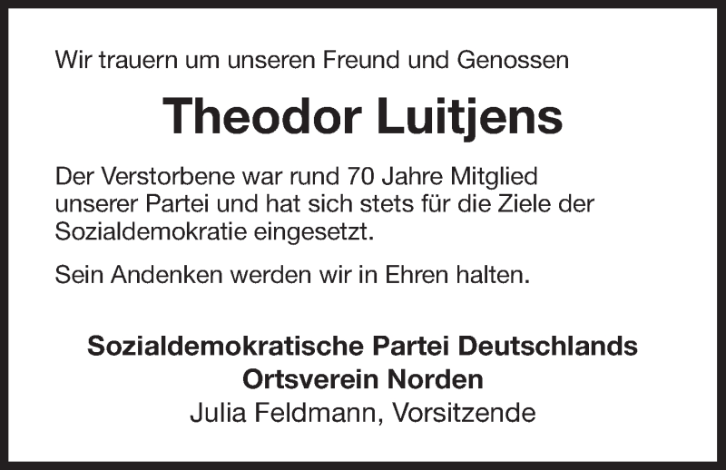  Traueranzeige für Theodor Luitjens vom 19.11.2015 aus 