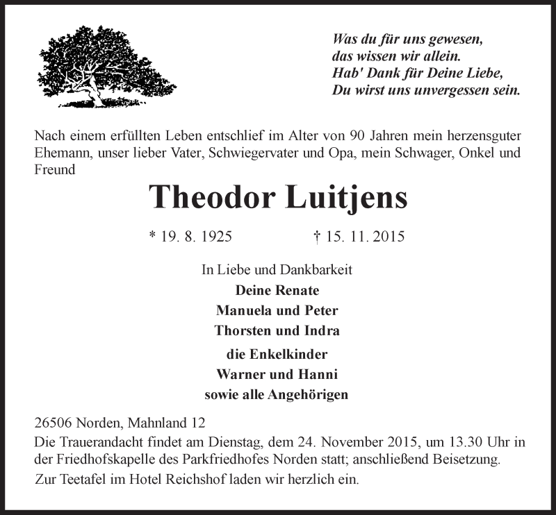  Traueranzeige für Theodor Luitjens vom 18.11.2015 aus 