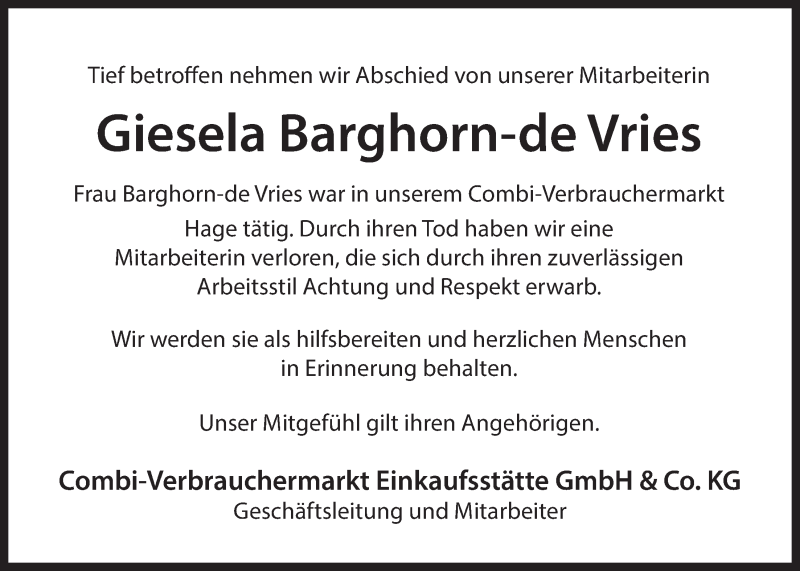  Traueranzeige für Giesela Barghorn-de Vries vom 23.12.2015 aus 