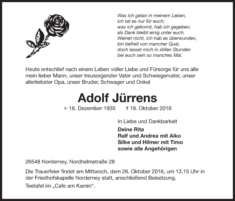  Traueranzeige für Adolf Jürrens vom 22.10.2016 aus 
