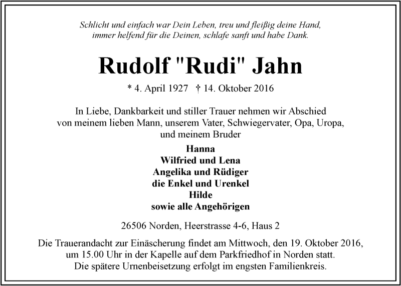  Traueranzeige für Rudolf Jahn vom 17.10.2016 aus 