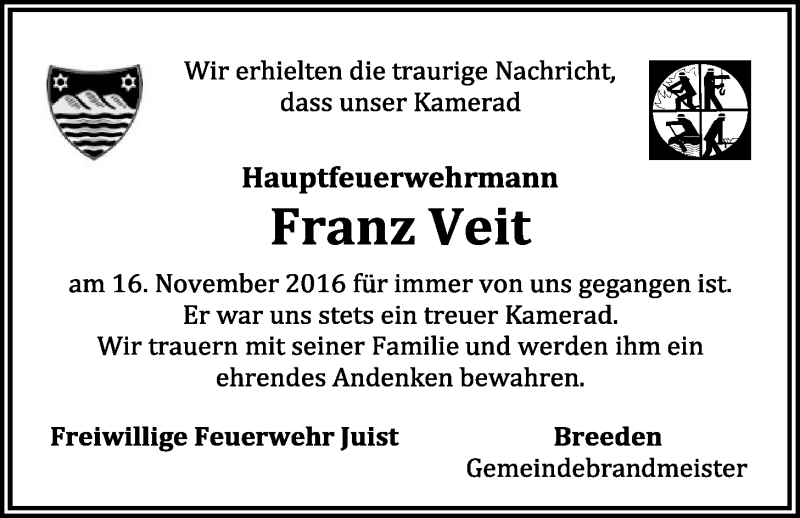  Traueranzeige für Franz Veit vom 23.11.2016 aus 