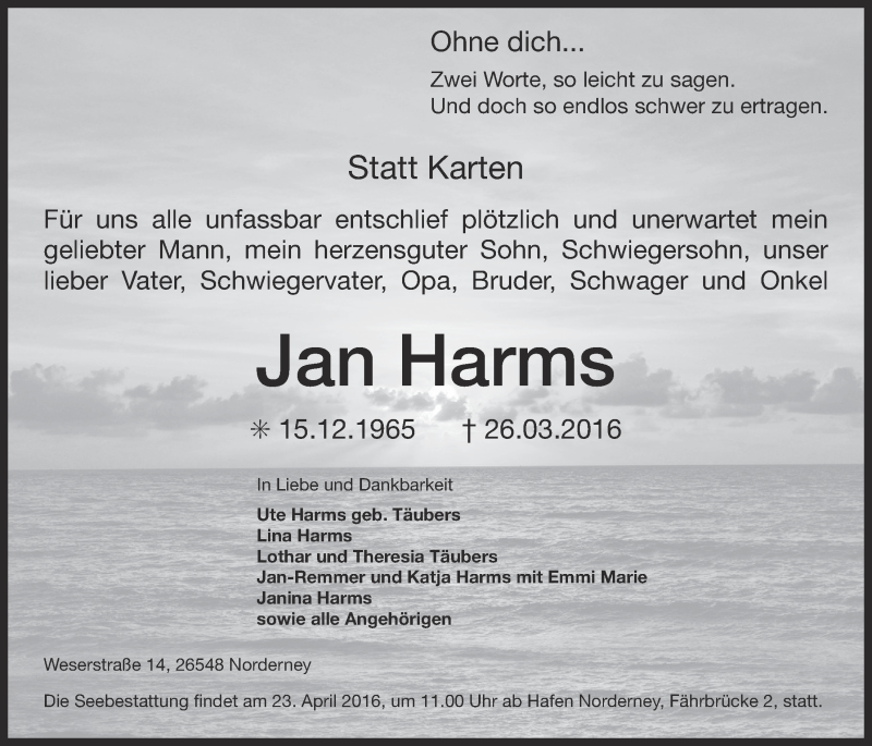  Traueranzeige für Jan Harms vom 30.03.2016 aus 