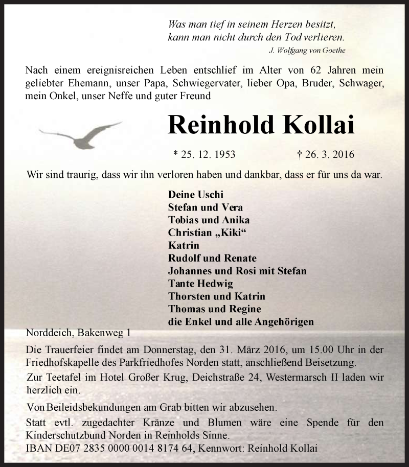  Traueranzeige für Reinhold Kollai vom 29.03.2016 aus 