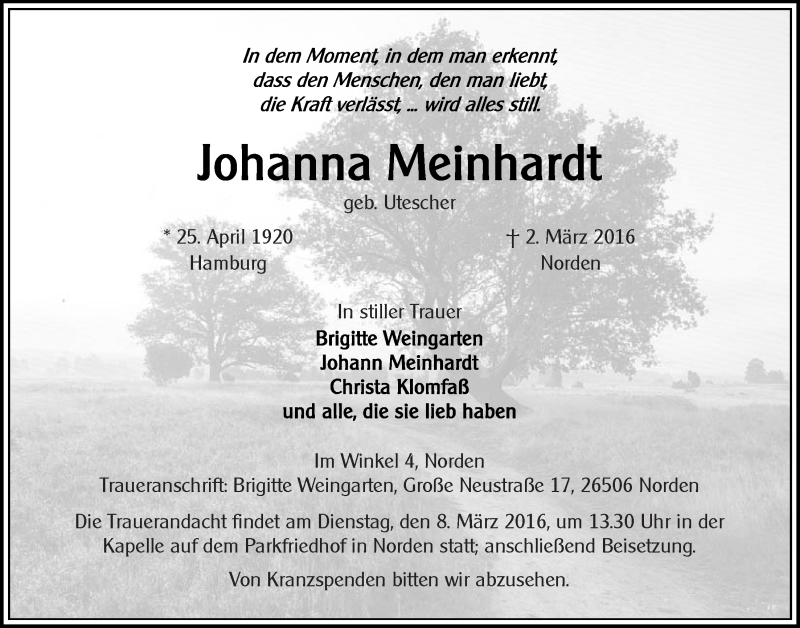  Traueranzeige für Johanna Meinhardt vom 04.03.2016 aus 