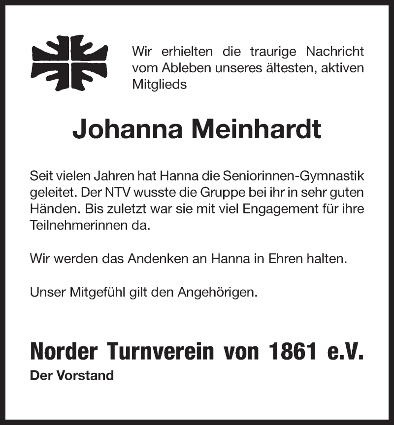  Traueranzeige für Johanna Meinhardt vom 07.03.2016 aus 
