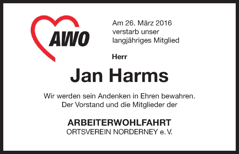  Traueranzeige für Jan Harms vom 31.03.2016 aus 