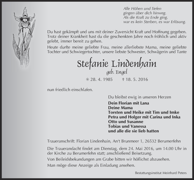  Traueranzeige für Stefanie Lindenhain vom 20.05.2016 aus 