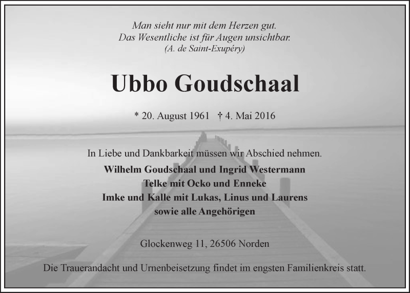  Traueranzeige für Ubbo Goudschaal vom 14.05.2016 aus 