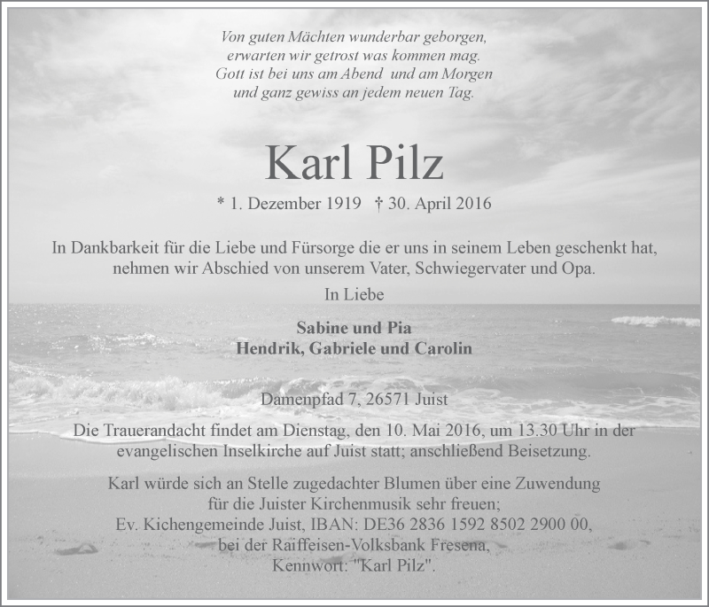  Traueranzeige für Karl Pilz vom 06.05.2016 aus 