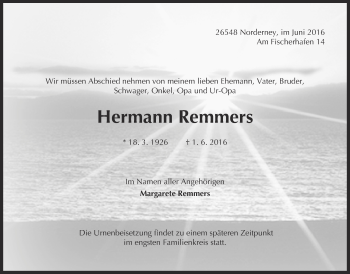 Traueranzeige von Hermann Remmers 