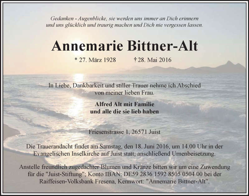  Traueranzeige für Annemarie Bittner-Alt vom 04.06.2016 aus 