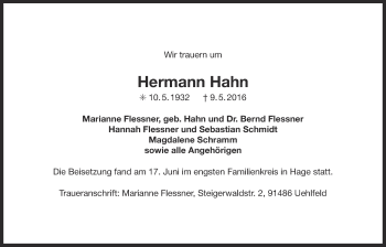 Traueranzeige von Hermann Hahn 