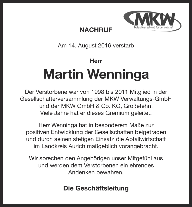  Traueranzeige für Martin Wenninga vom 18.08.2016 aus 