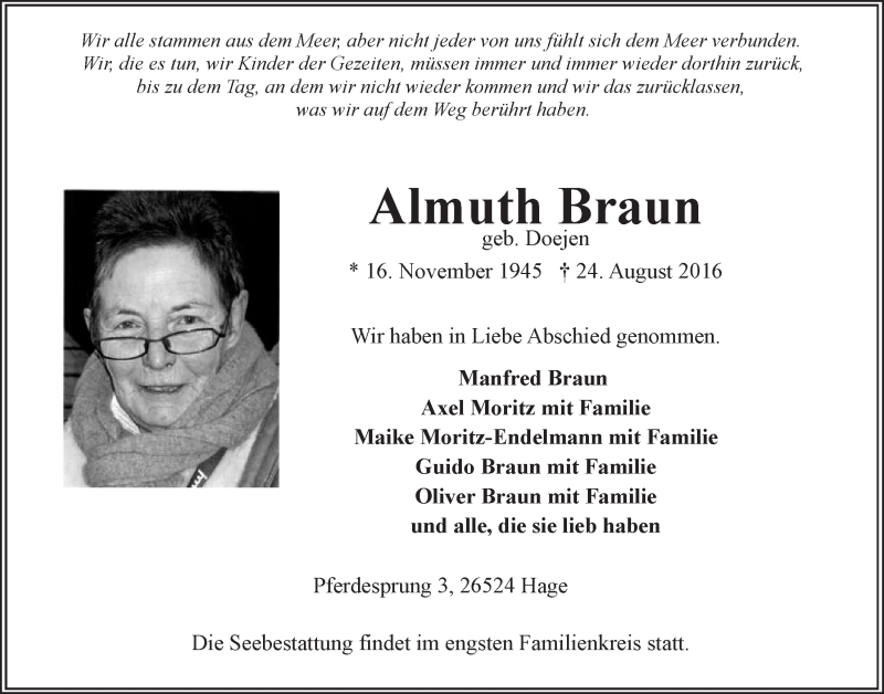  Traueranzeige für Almuth Braun vom 27.08.2016 aus 