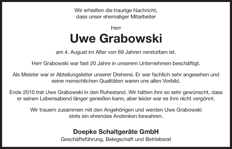  Traueranzeige für Uwe Grabowski vom 13.08.2016 aus 