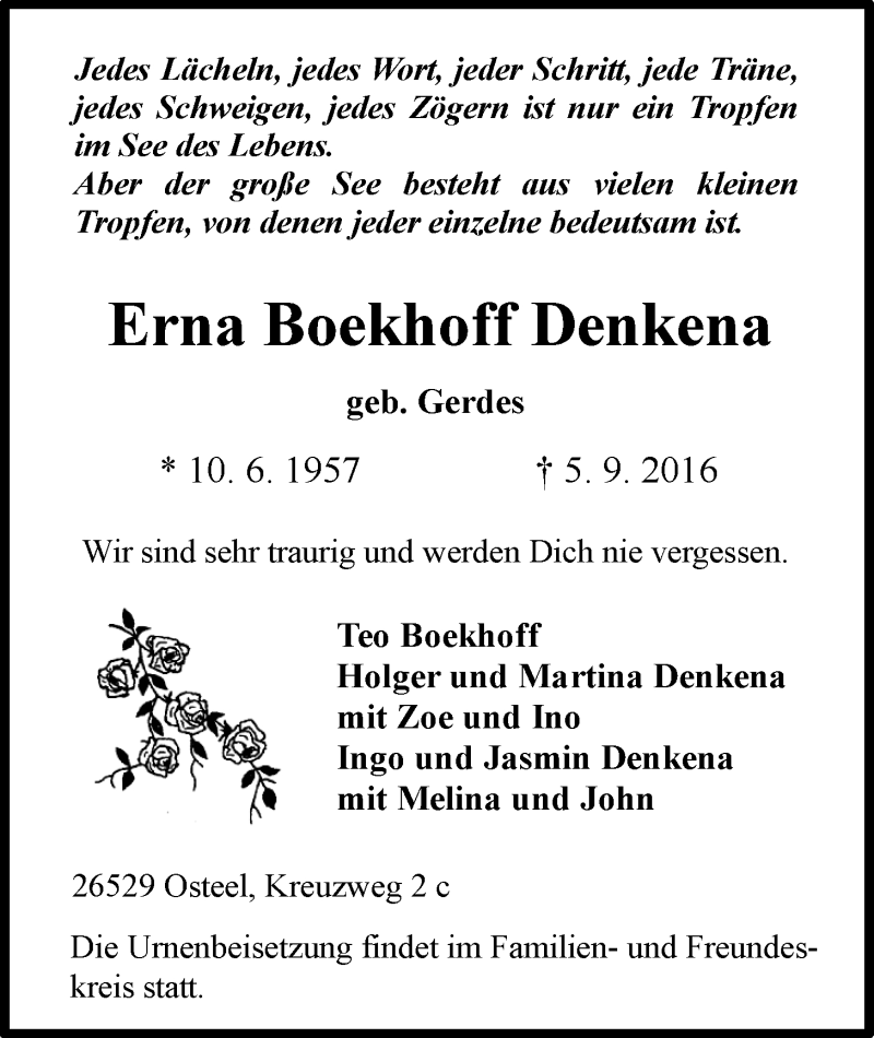  Traueranzeige für Erna Boekhoff Denkena vom 07.09.2016 aus 