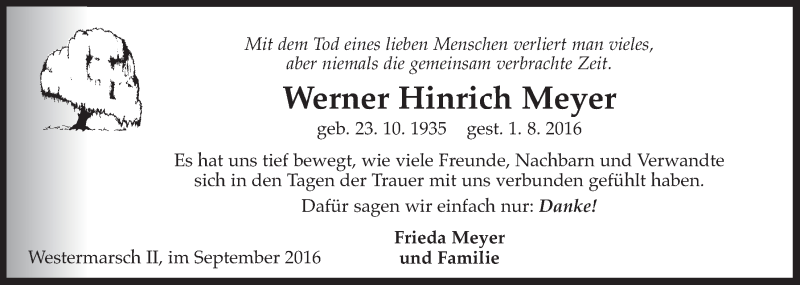  Traueranzeige für Werner Hinrich Meyer vom 17.09.2016 aus 