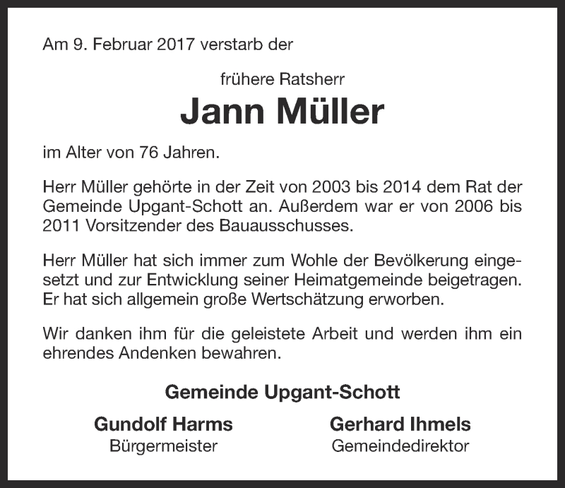  Traueranzeige für Jann Müller vom 14.02.2017 aus 