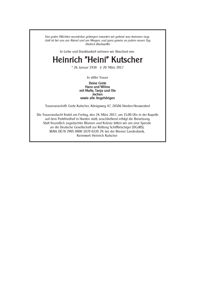  Traueranzeige für Heinrich Kutscher vom 21.03.2017 aus 