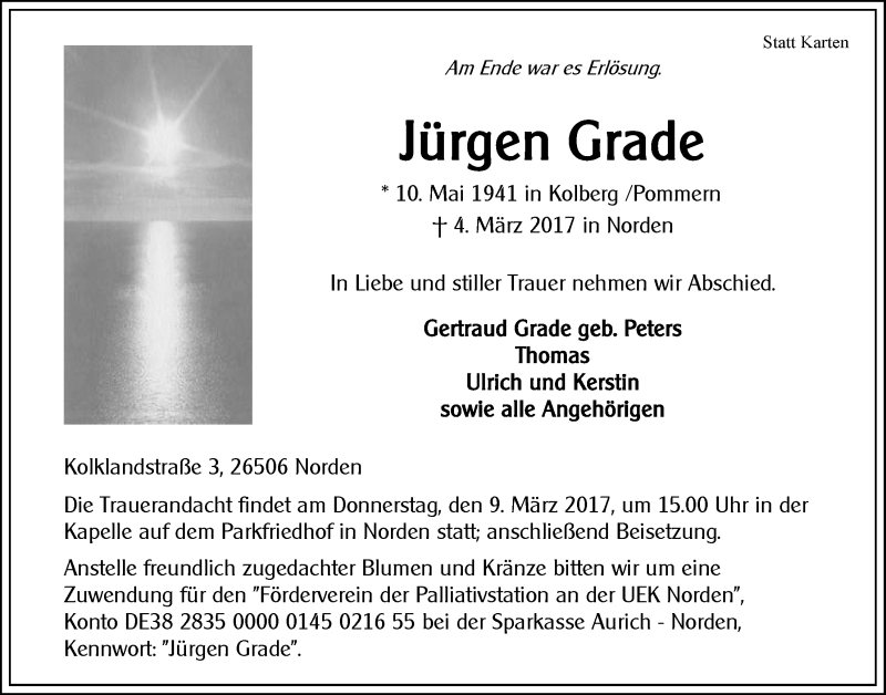  Traueranzeige für Jürgen Grade vom 06.03.2017 aus 